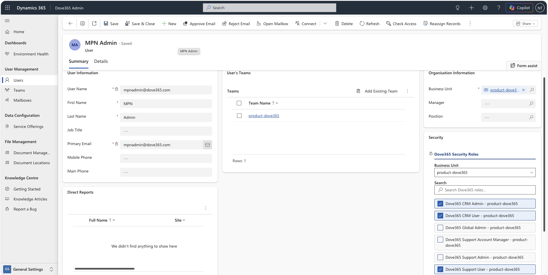 Dove365 Support admin security roles