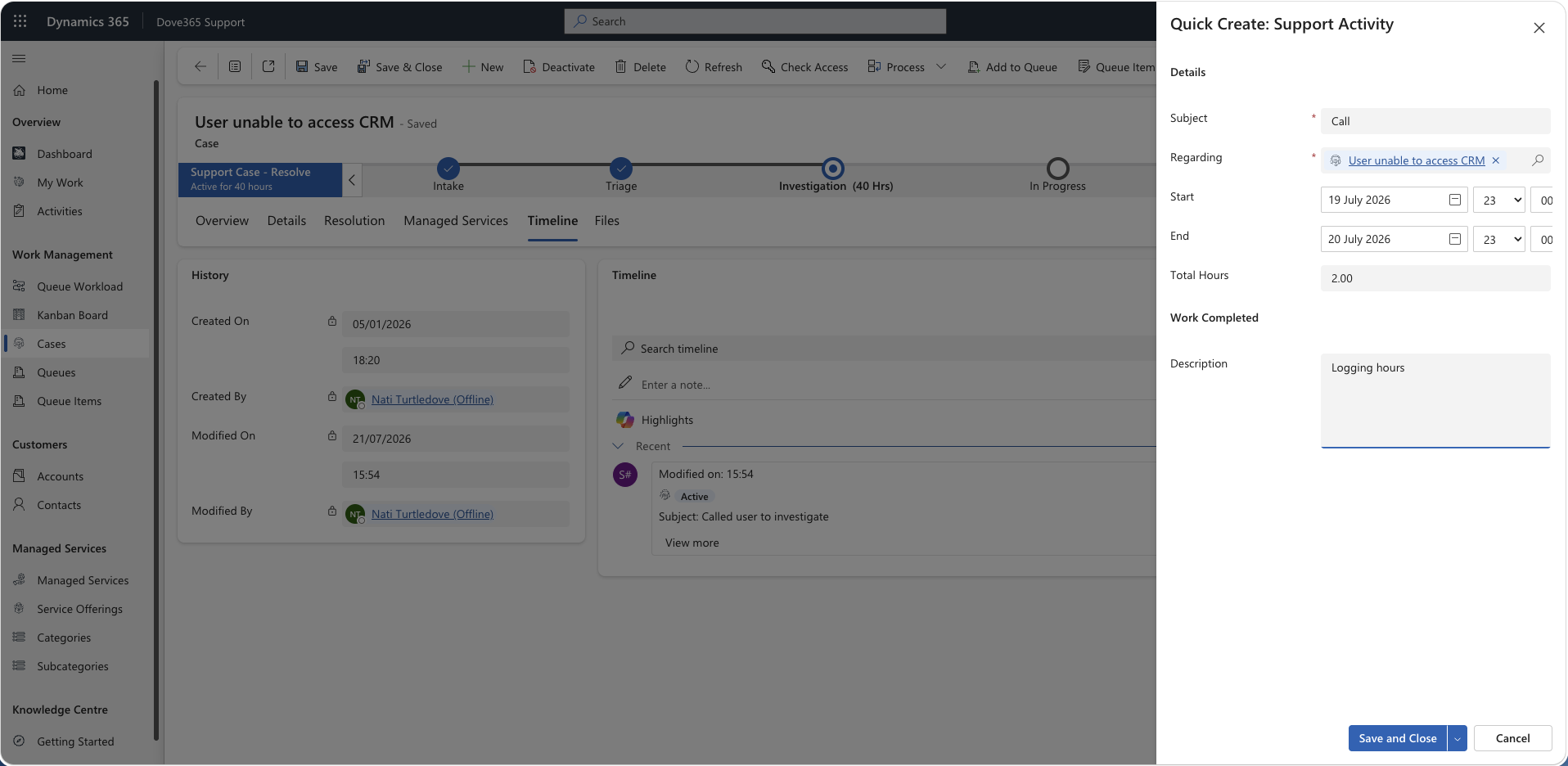 Support Activities logged against a Dove365 Support Case