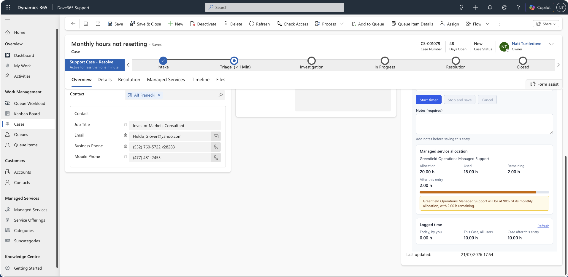 Dove365 Support Activity Time Tracker on the Case form