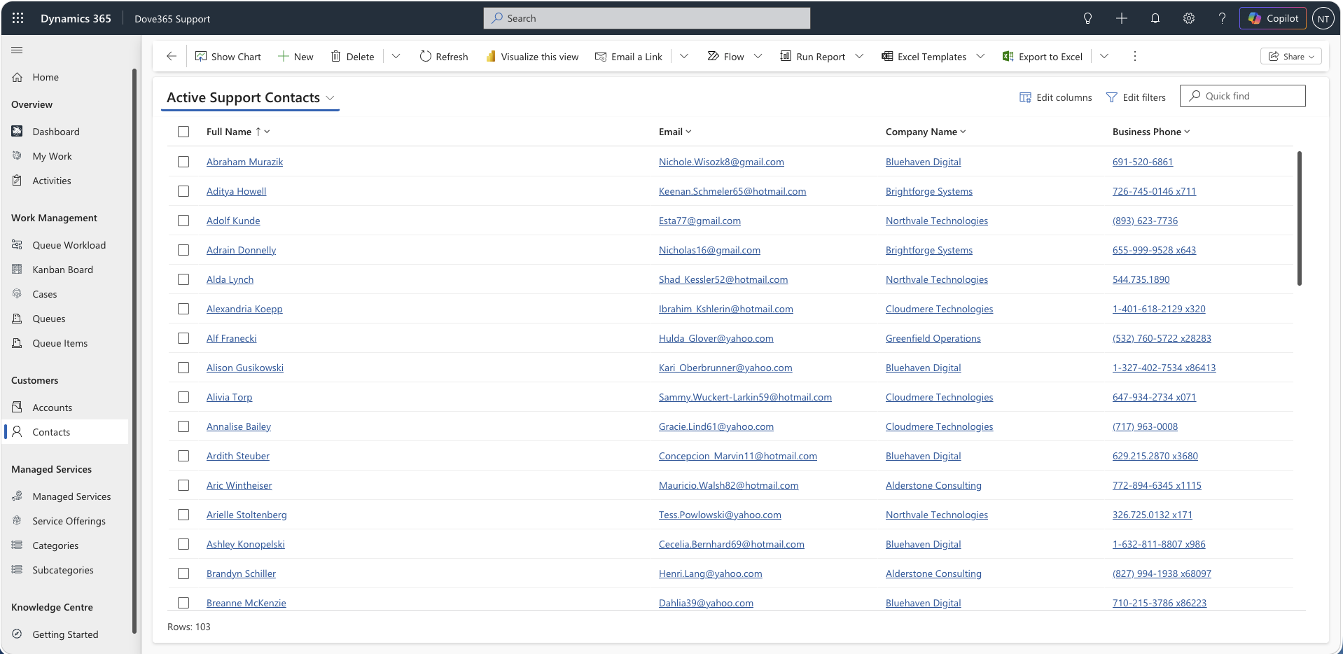 Dove365 Support contacts view
