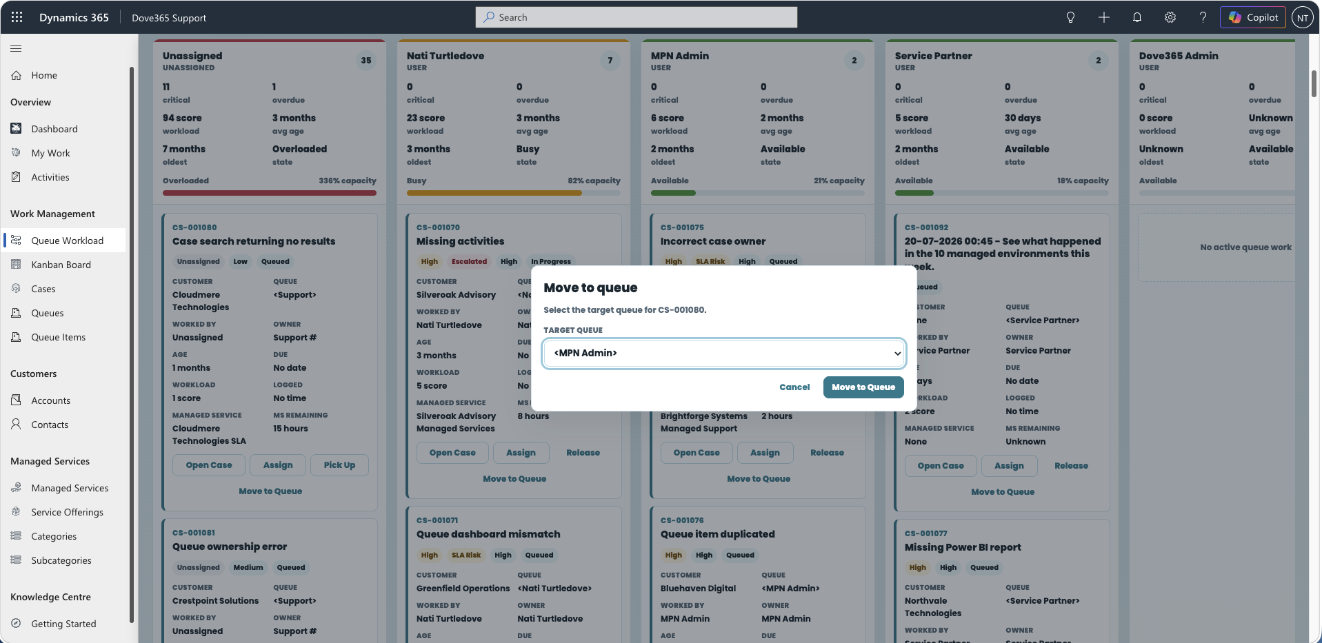 Routing a Case to another queue from the Dove365 Support Queue Workload Board