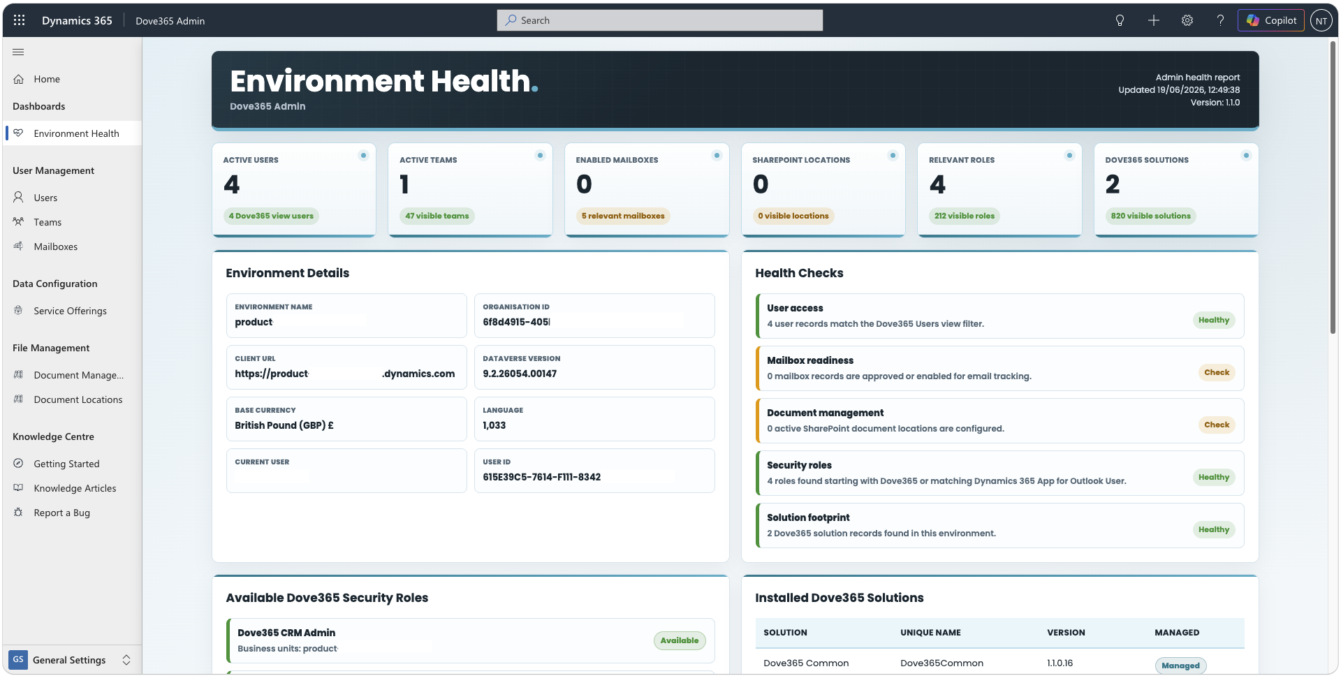 Dove365 Admin Environment Health Dashboard used for post-deployment validation