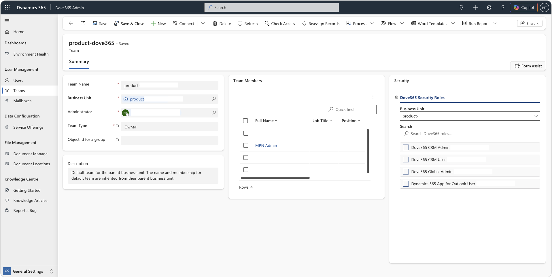 Dove365 Admin team form with members and Security Role Manager